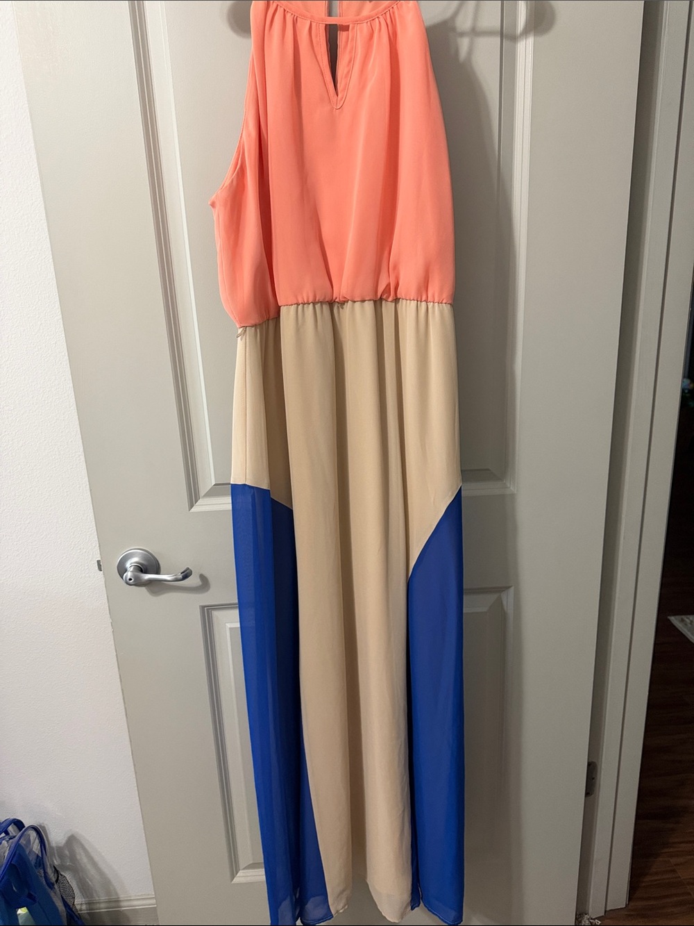 As U Wish Coral, Beige & Blue Colorblock Halter Maxi Dress